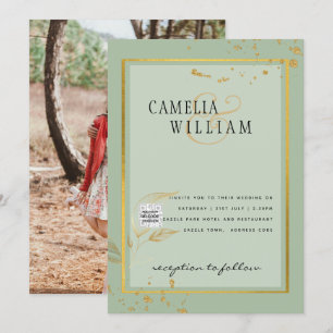 Modern PHOTO Wedding Invite QR CODE Rsvp Green