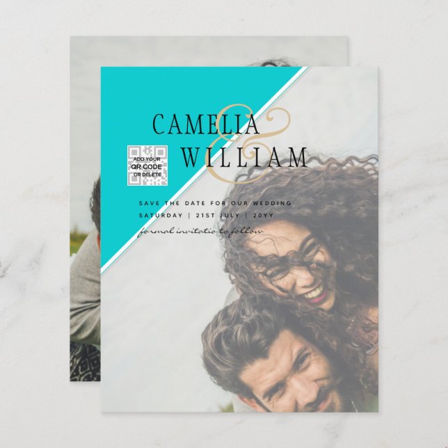 Modern PHOTO Wedding Invite QR CODE RSVP TEAL (Front/Back)