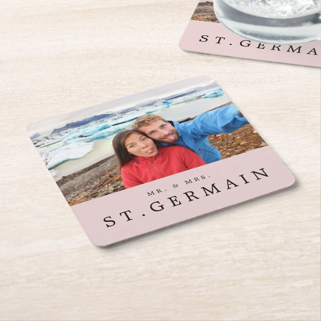 Modern Photo Wedding Personalised Favour Square Paper Coaster (Angled)