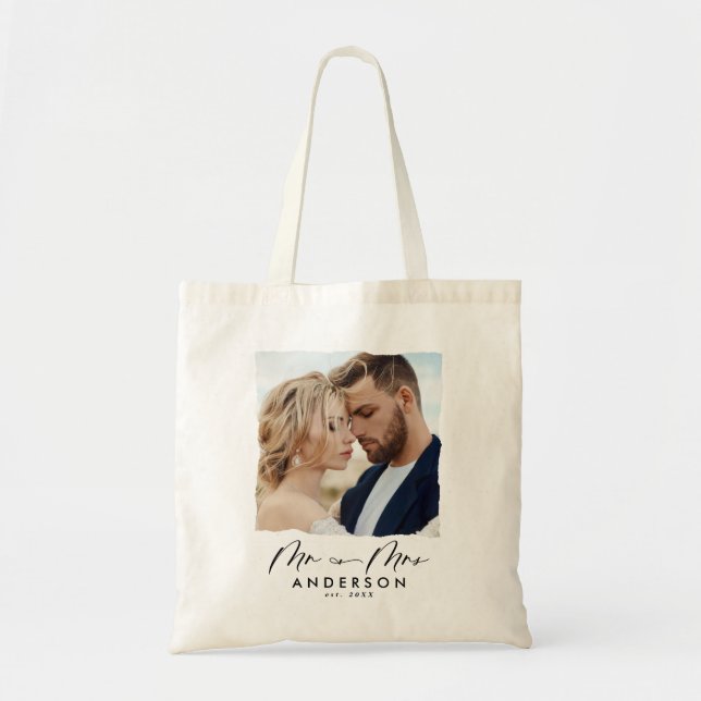 Modern photo wedding personalised mr and mrs tote bag (Front)