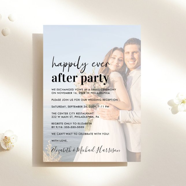 Modern Photo Wedding Reception Invitation (An chic Happily Ever After Party photo invitation for your wedding celebration)