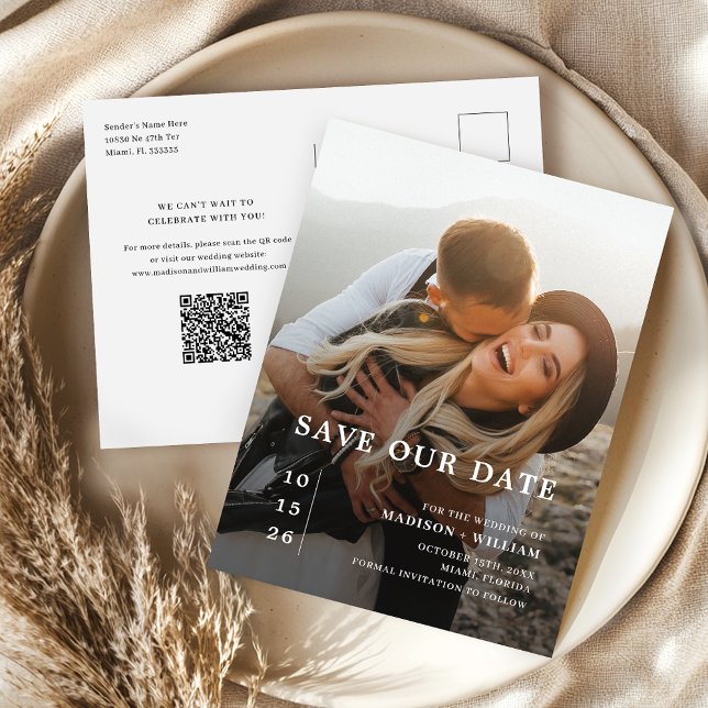 Modern Photo Wedding Save the Date QR Code Postcard (Creator Uploaded)