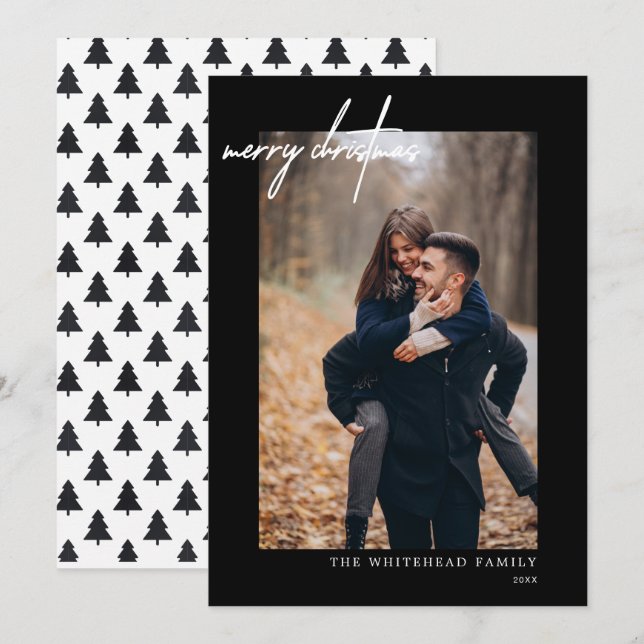 Modern Photo White Merry Christmas Black Holiday Card (Front/Back)
