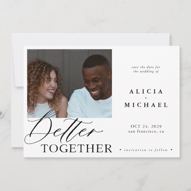 Modern photo white simple script black wedding save the date (Front)