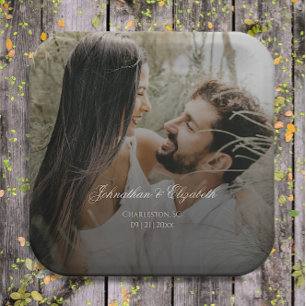 Modern Photo with Black Overlay Wedding Paper Plate