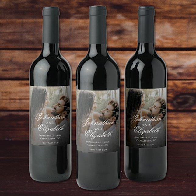 Modern Photo with Black Overlay Wedding Wine Label (Modern Photo with Black Overlay Wedding Wine Labels)