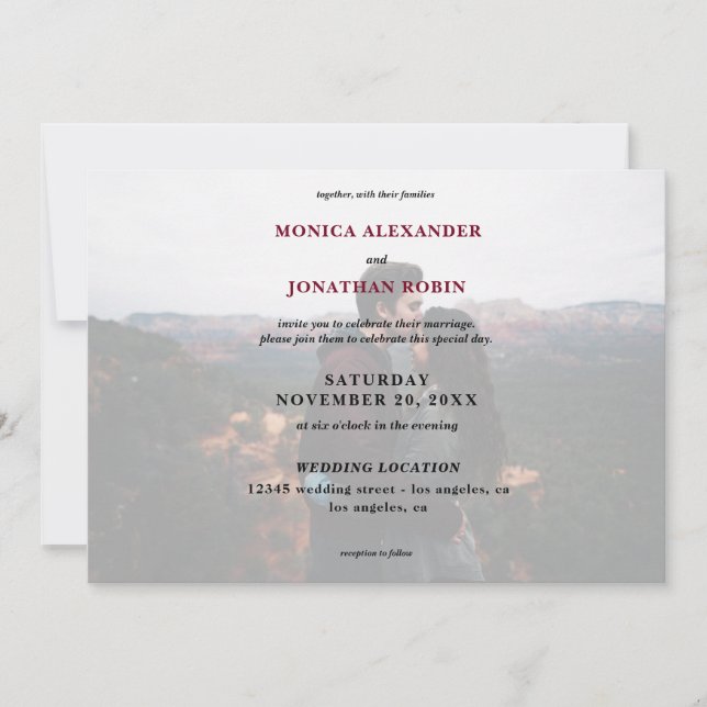 Modern Photo with Burgundy Wedding- Horizontal Invitation (Front)