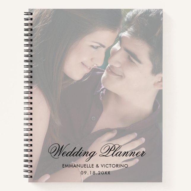 Modern Photo with Elegant Script Wedding Planner Notebook (Front)