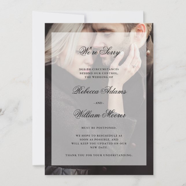 Modern Photo with Overlay | Wedding Cancellation Invitation (Front)