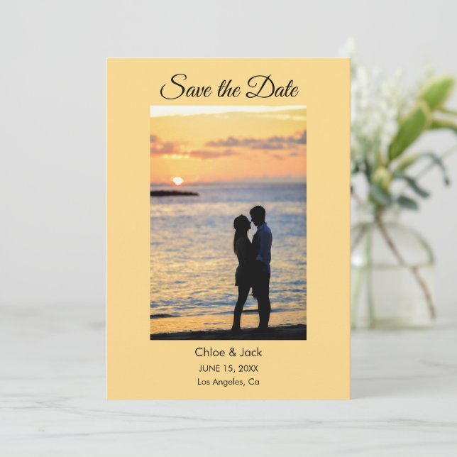 Modern Photo Yellow Orange Save The Date Card (Standing Front)