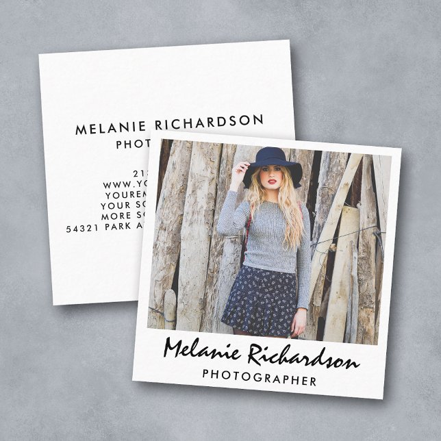 Modern Photographer Instant Camera Style Script Square Business Card (Customize to change text size or text style.)