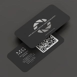Modern Photographer Monogram Black Silver Camera Business Card