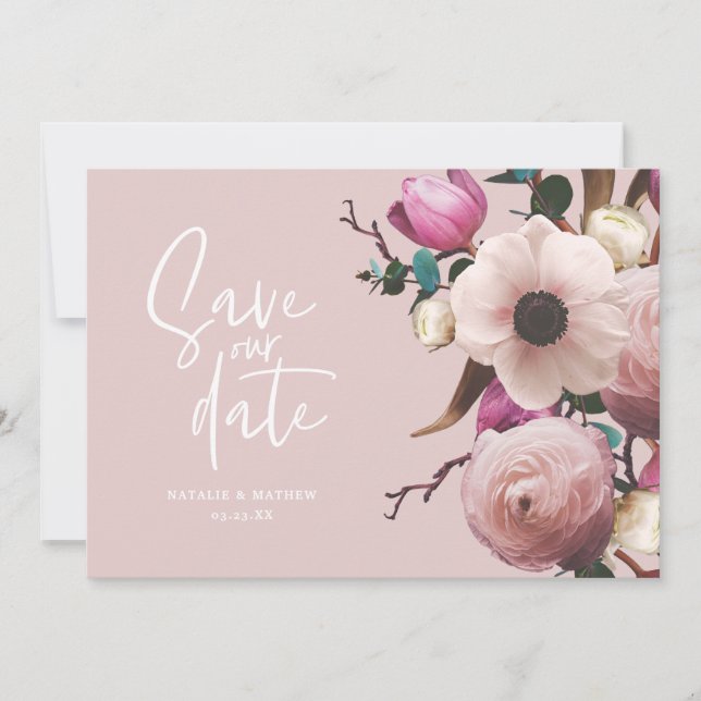 Modern photographic floral wedding save the date (Front)