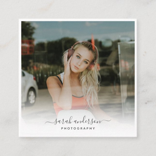 Modern Photography Calligraphy Script Trendy Square Business Card (Front)