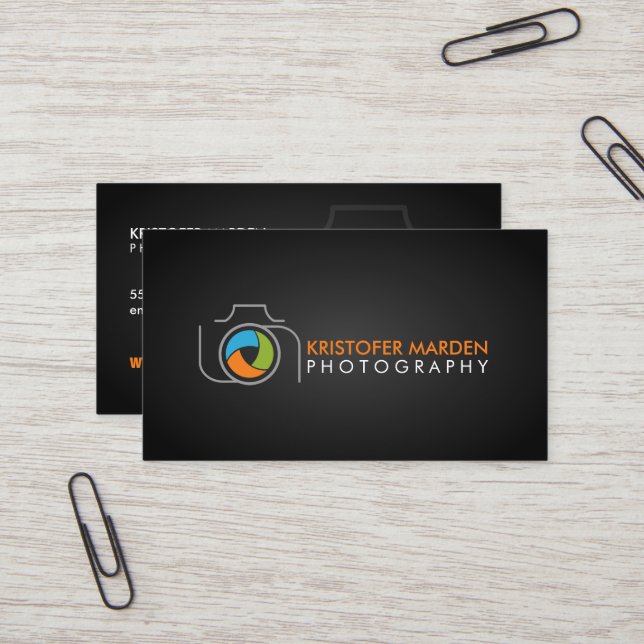 Modern Photography Camera and Colourful Shutter Business Card (Front/Back In Situ)