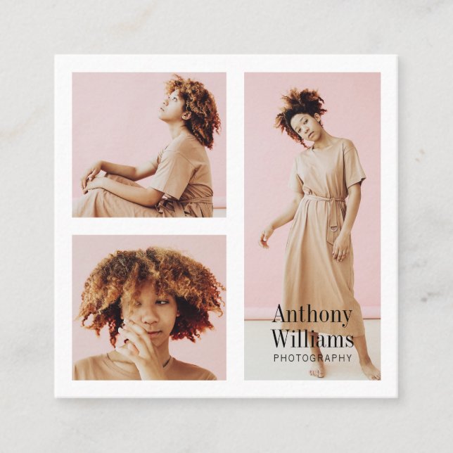 Modern photography elegant white border photo grid square business card (Front)