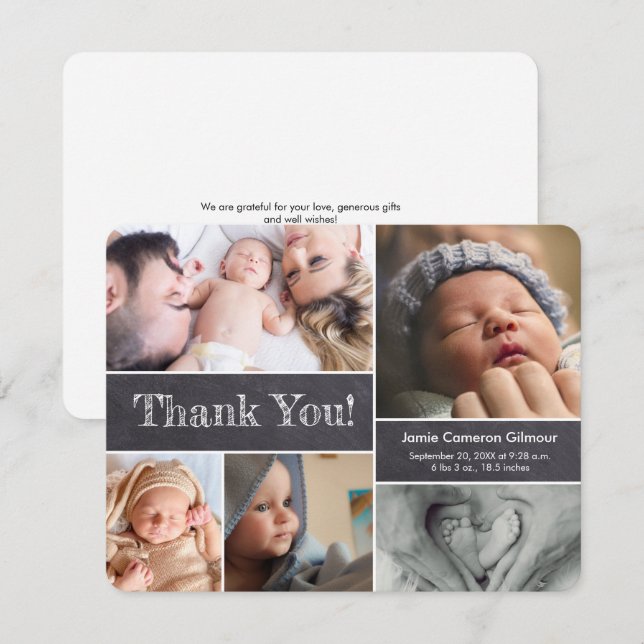 Modern Photos Baby boy Shower Chalkboard   Thank You Card (Front/Back)