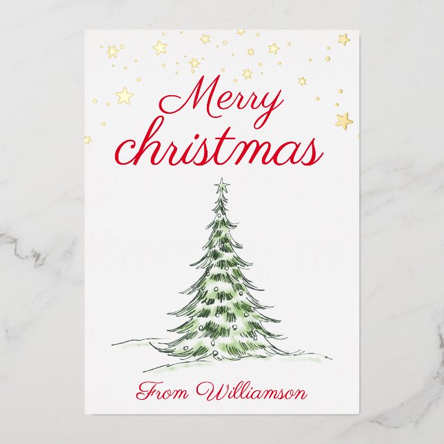 Modern photos Merry Christmas red family gold Foil Holiday Card (Front)