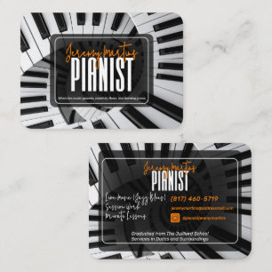 Modern Piano Spirals White on Black Orange Pianist Business Card