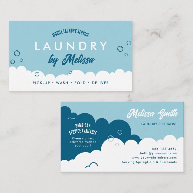 Modern Pick-Up Laundry Service Blue & White Business Card (Front/Back)