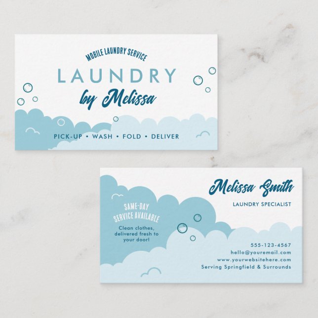 Modern Pick-Up Laundry Service Blue & White Business Card (Front/Back)