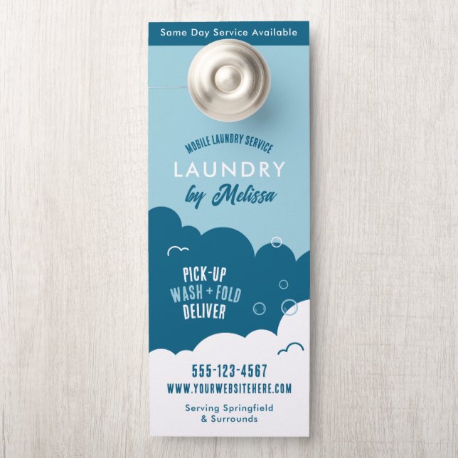 Modern Pick-Up Laundry Service Blue & White Door Hanger (On Knob)