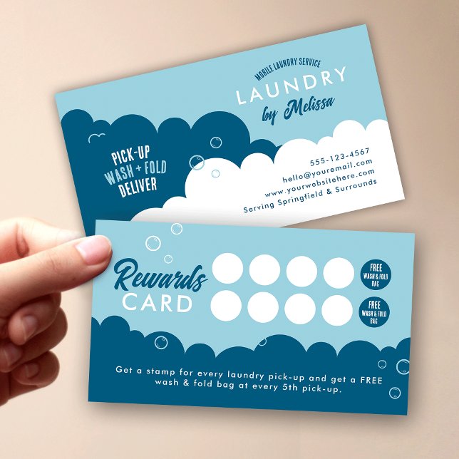 Modern Pick-Up Laundry Service Blue & White Loyalty Card (Modern laundromat customer loyalty cards in blue and white)