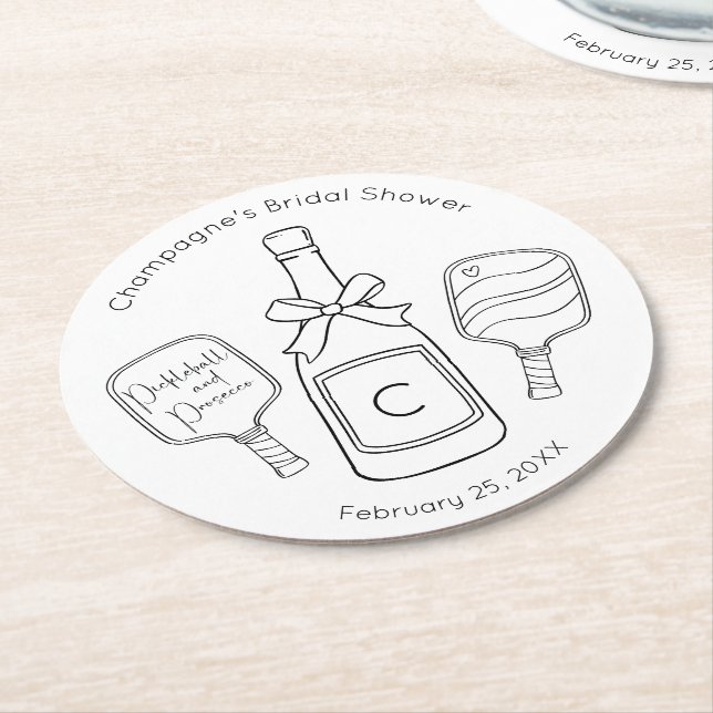 Modern Pickleball and Prosecco Bridal Shower Round Paper Coaster (Angled)