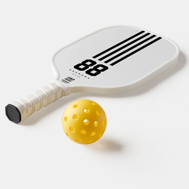 Modern Pickleball Name Number Black White Stripes Paddle (Laydown 2)