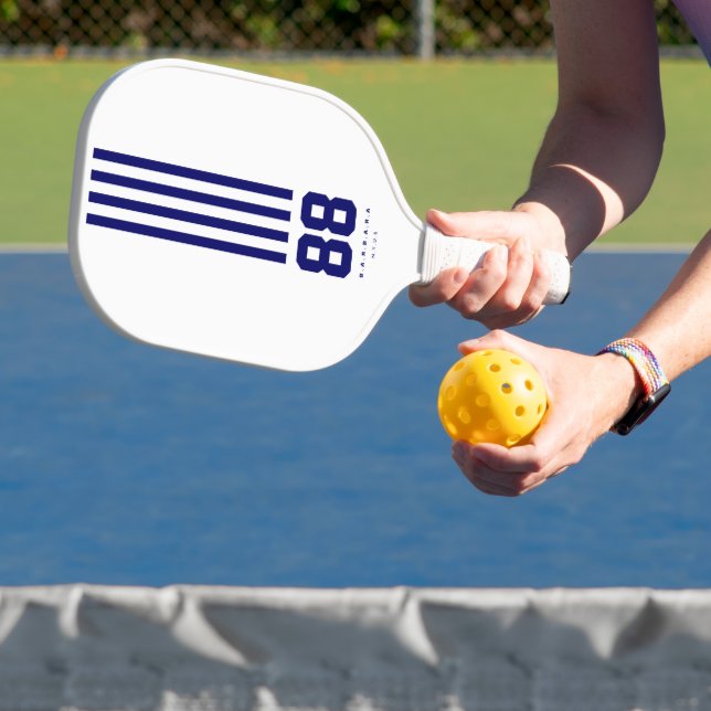 Modern Pickleball Name Number Navy Blue Stripes Paddle (Insitu)