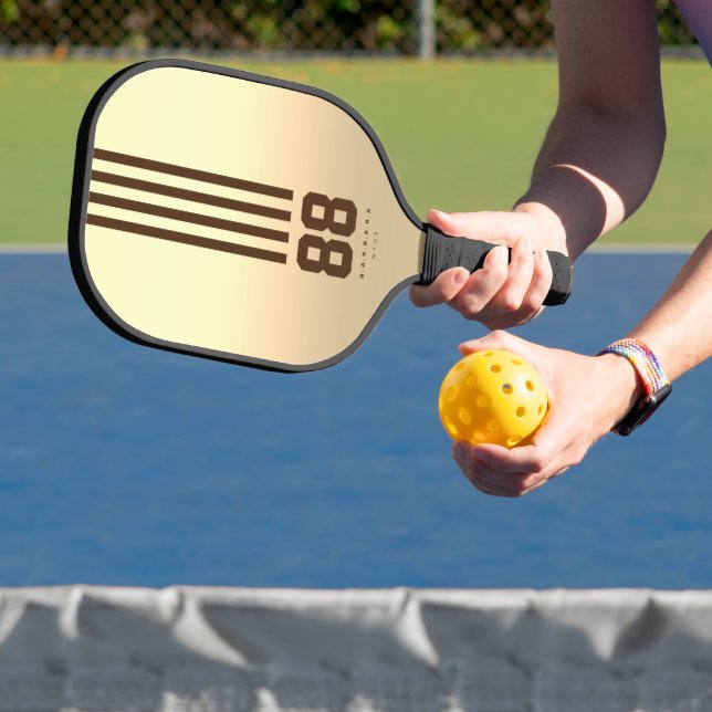 Modern Pickleball Player Name Number Stripes Gold Paddle (Insitu)