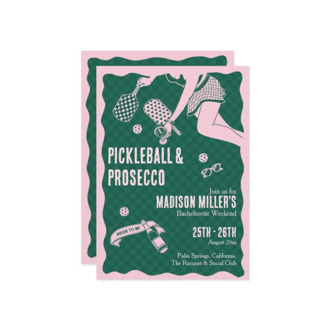 Modern Pickleball & Prosecco Bachelorette Weekend Invitation (Front/Back In Situ)