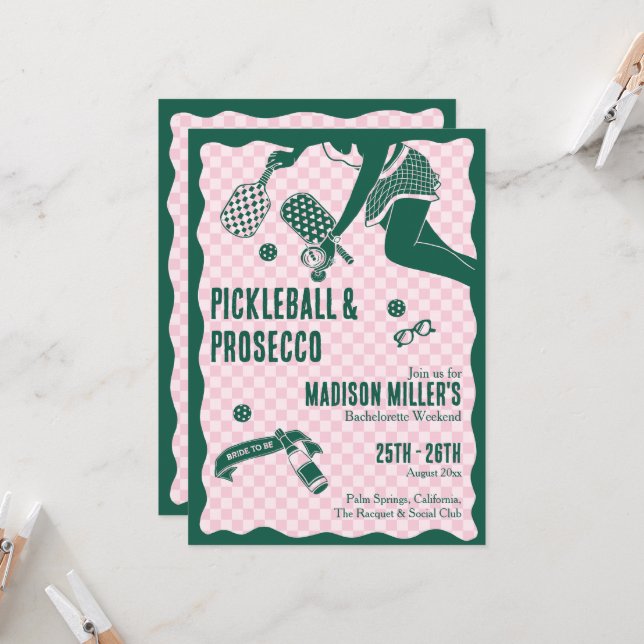 Modern Pickleball & Prosecco Bachelorette Weekend Invitation (Front/Back In Situ)
