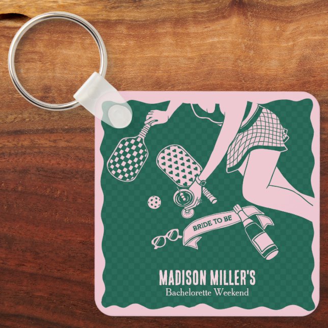 Modern Pickleball & Prosecco Bachelorette Weekend Key Ring (Front)