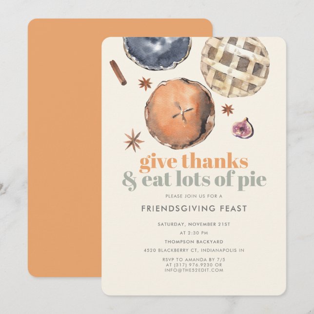 Modern Pie Friendsgiving Dinner Feats Party Invitation (Front/Back)