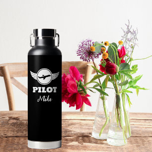 Modern PILOT Typography Aeroplane, Black & White Water Bottle