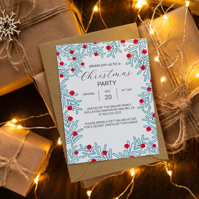 Modern Pine Branch and Red Berry Christmas Pattern Invitation (Creator Uploaded)
