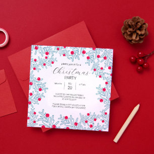 Modern Pine Branch and Red Berry Christmas Pattern Invitation