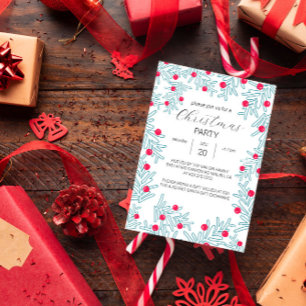 Modern Pine Branch and Red Berry Christmas Pattern Invitation