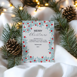 Modern Pine Branch and Red Berry Christmas Pattern Postcard