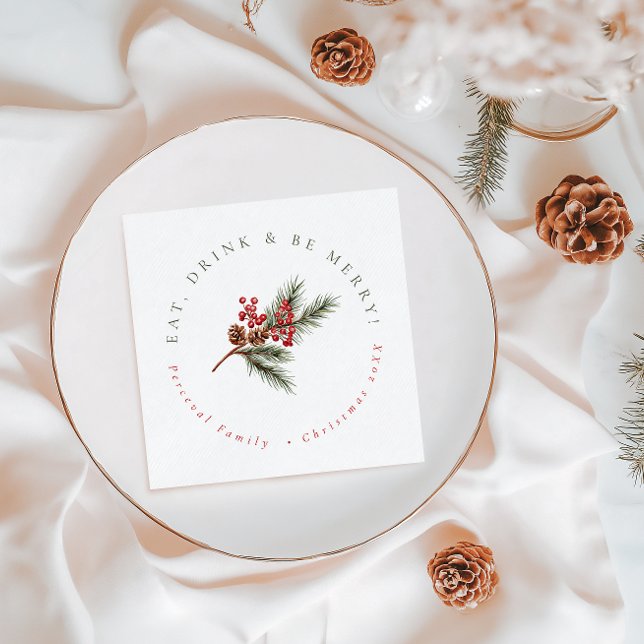 Modern Pine Branch & Berries Family Christmas Napkin (Creator Uploaded)