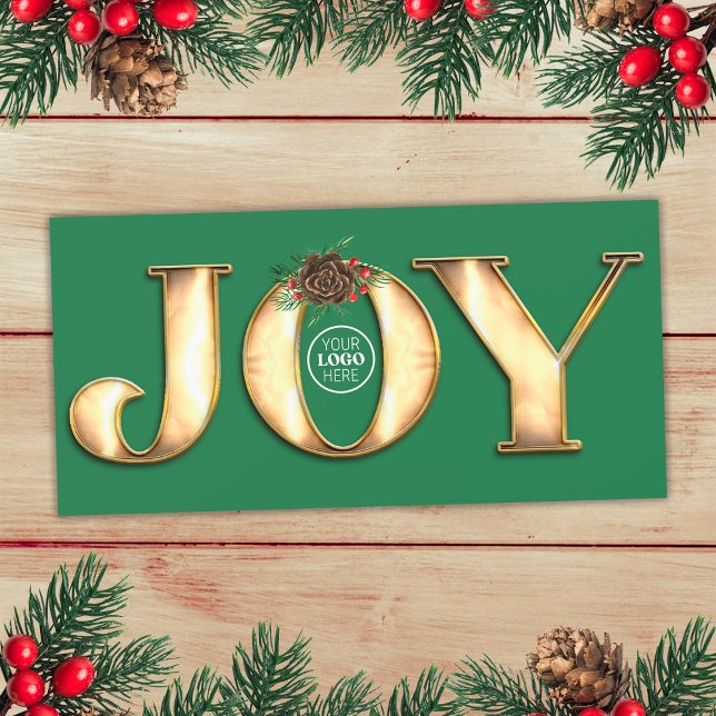 Modern Pine Green And Gold Metal Joy Business Logo Holiday Card (Front)