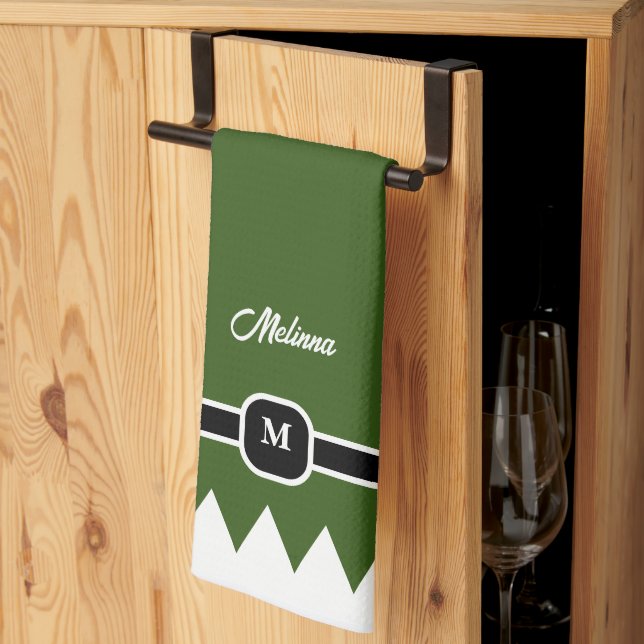 Modern Pine Green Holiday Monogram Tea Towel (Thirds Fold)