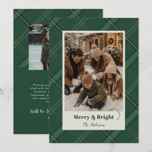 Modern Pine Green Plaid Two Photos Merry Christmas Holiday Card