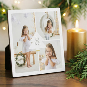 Modern Pine Tree Monogram Three Photo Collage Plaque