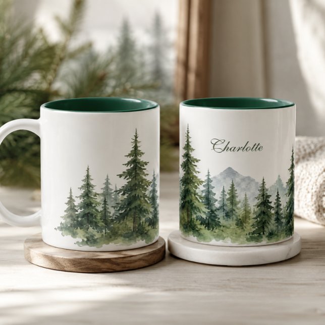 Modern Pine Tree Winter Custom Name Two-Tone Coffee Mug (Creator Uploaded)