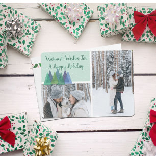 Modern Pine Trees Warmest Wishes   3 Photo Holiday Card