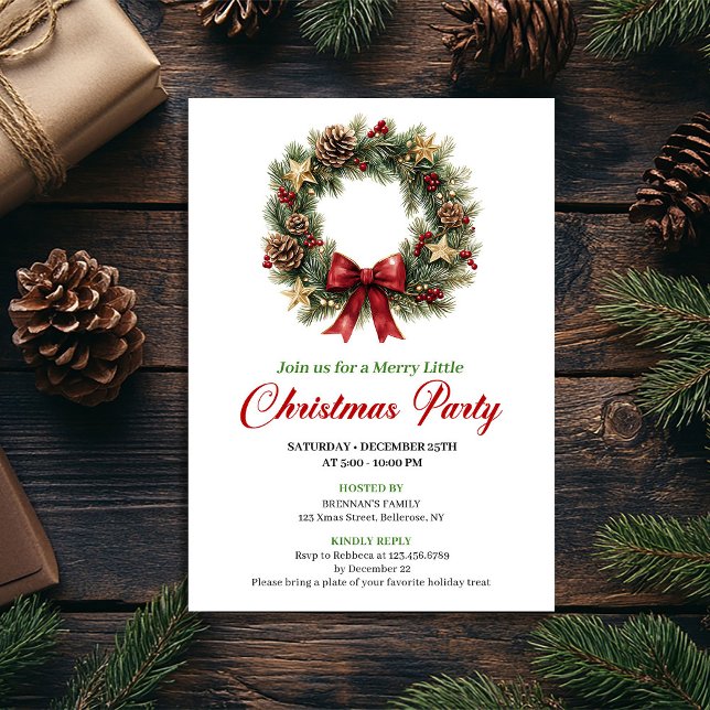 Modern Pine Wreath Christmas Party Editable Invitation (Modern Pine Wreath Christmas Party Editable Invitation)