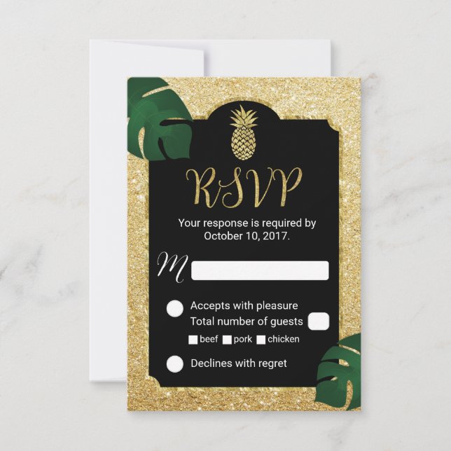 Modern Pineapple Gold Tropical Wedding RSVP Card (Front)