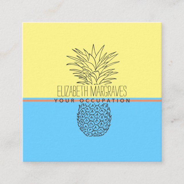 Modern Pineapple Illustration Yellow And Blue Square Business Card (Front)